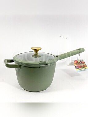 Olive Green Nonstick Saucepan with Lid and Gold Knob - Kitchen
